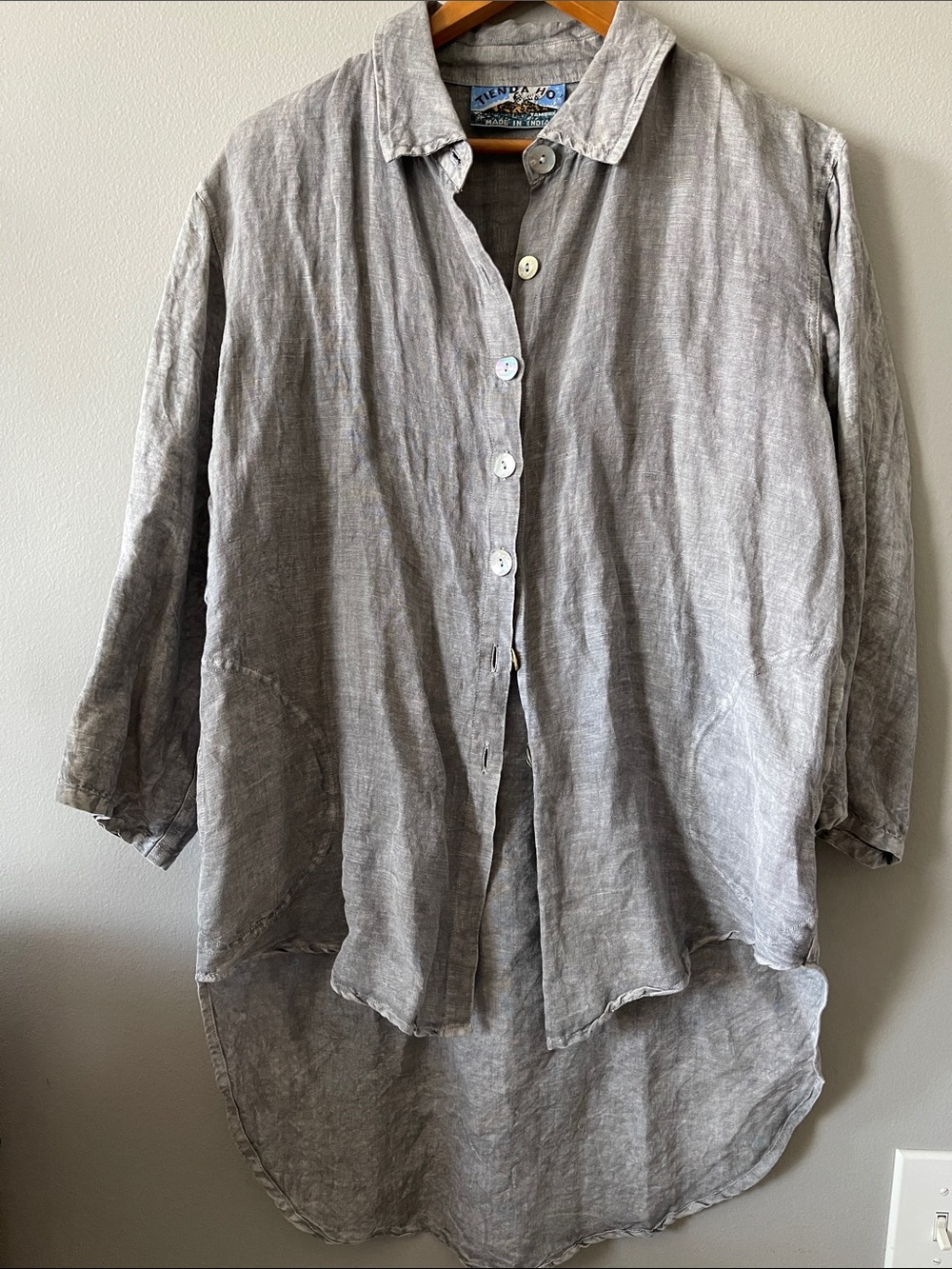 100% Cotton Light Gray Button-Front Shirt Tunic Relaxed Fit One size